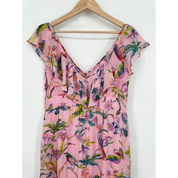 Banjanan 100% Silk Marina Dress Chiffon Maxi Dress Floral V-Neck Ruffle Tiered - Picture 4 of 15